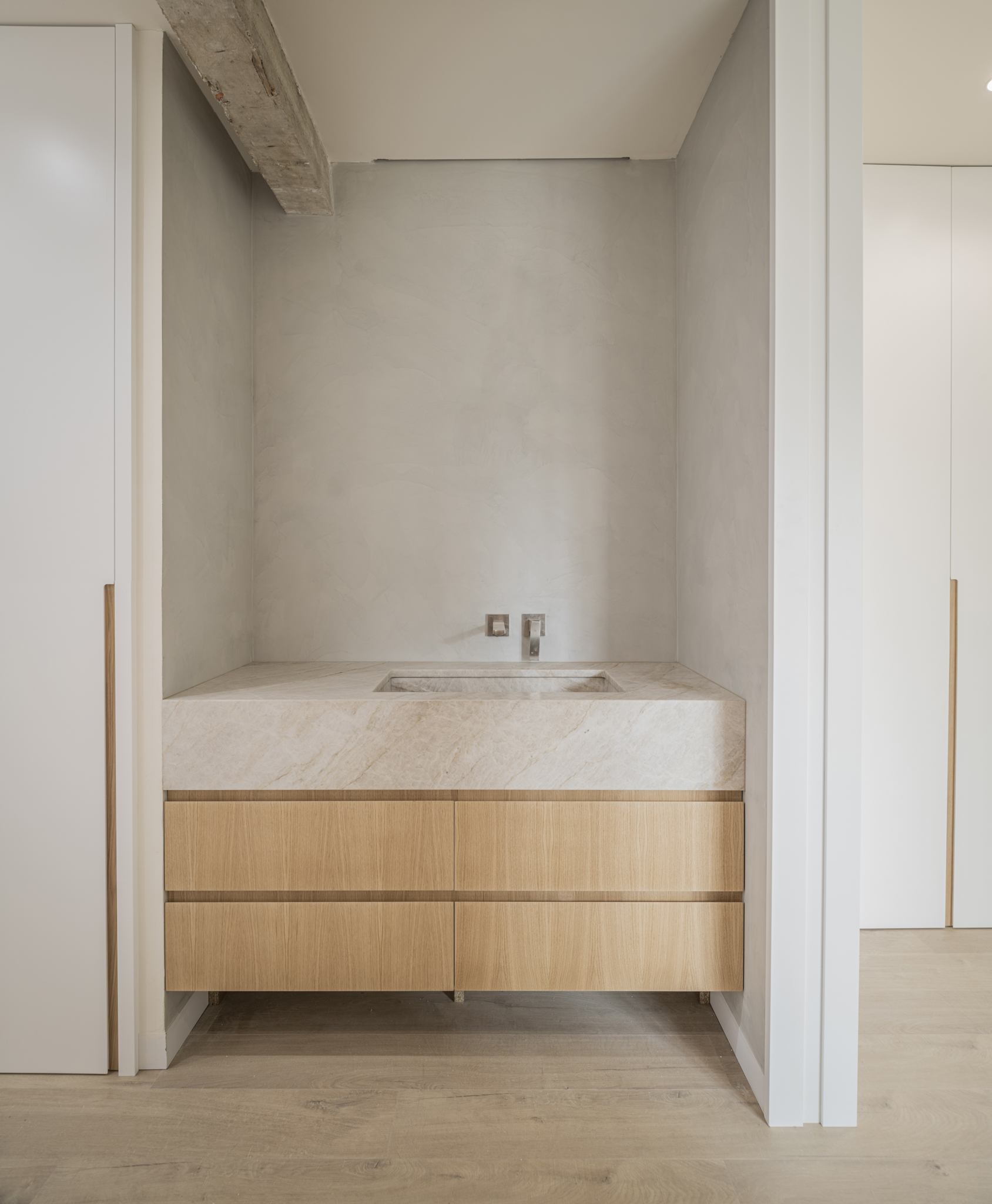 Bespoke bathroom vanity in marble and oak, built from a KitCAD plan